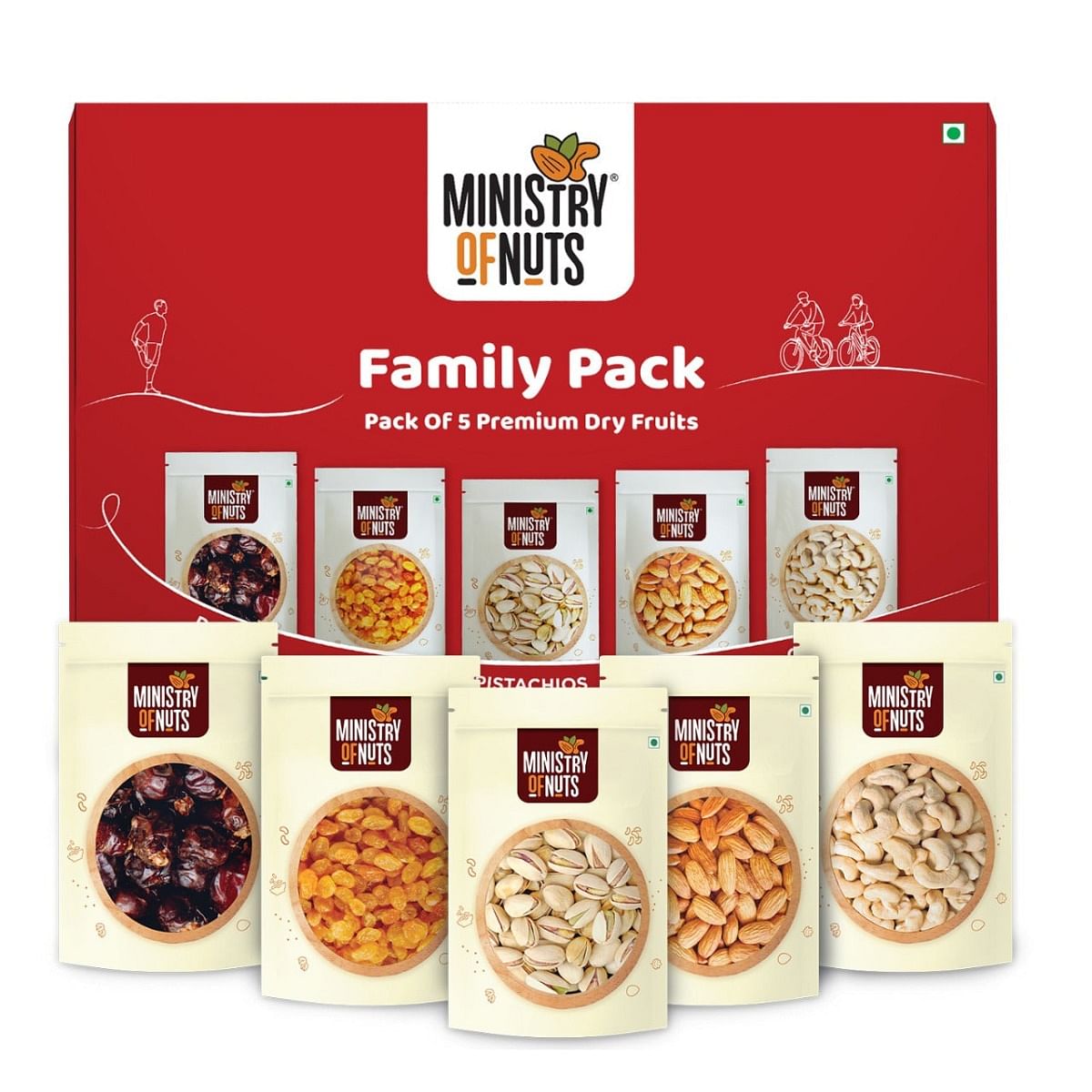 

Ministry Of Nuts Family Pack OF 5 Premium Dry Fruits | California Almonds 150g, Whole Cashew Nuts 150g, Seedless Raisins 150g, Dates 175g, Roasted ...