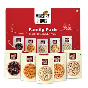 Ministry Of Nuts Family Pack OF 5 Premium Dry Fruits | California Almonds 150g, Whole Cashew Nuts 150g, Seedless Raisins 150g, Dates 175g, Roasted and Salted Pistachios 125g | Total 750g