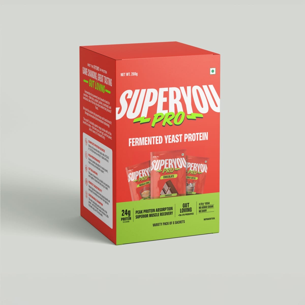 

Superyou Pro Fermented Yeast Protein Assorted Box(Pack of 8) | 24g Protein | Peak Absorption | Superior Muscle Recovery | Gut Friendly + 1Bn CFU Pr...