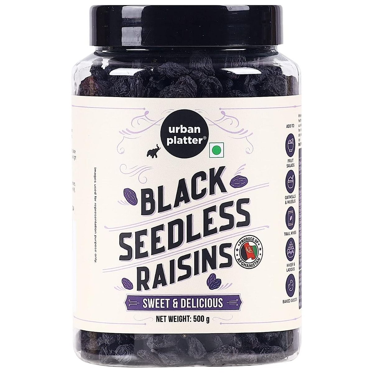 

Urban Platter Seedless Black Raisins, 500g (Garnish or Add to Fruit Salads, Oatmeals, Mueslis, Trail Mixes, Ice creams, Baked Goods, Kheer & La...