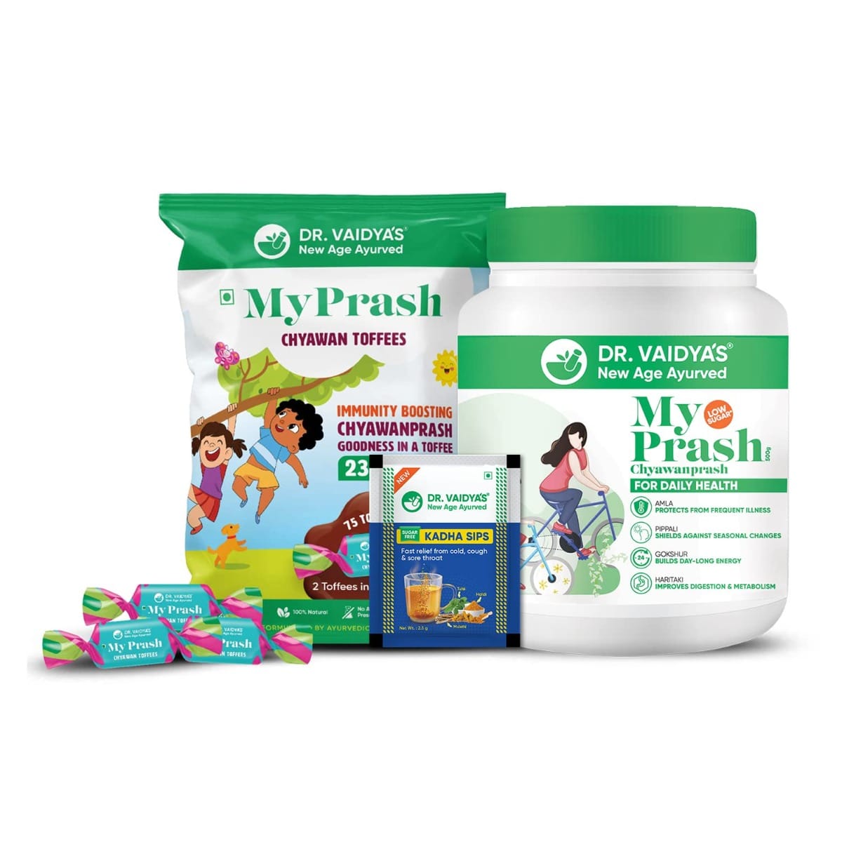 Dr. Vaidya's new age ayurveda Immunity Health Pack - 75 Chyawan Toffees; 30 Kadha Sips Sachets; 500 grams of MyPrash for Daily Health