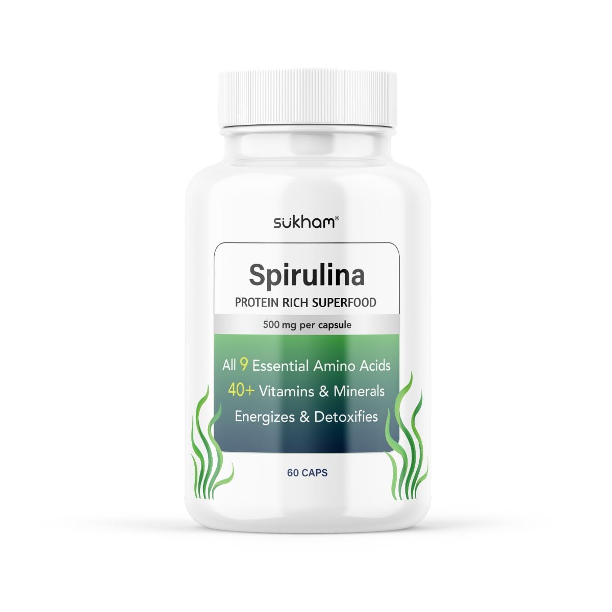

Sukham Spirulina Capsules | 60 Caps | 30 Days | With Essential Aminos, Vitamins & Minerals | Protein Rich Superfood | For Gut & Skin health | Prese...