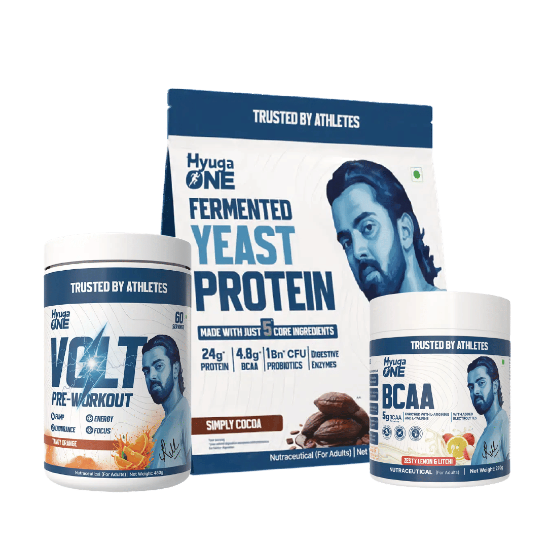

Hyuga One Nutrition Combo : Yeast Protein Cacao Chocolate 1kg (24g Protein, Probiotics), VOLT Pre-Workout Tangy Orange 480g (100mg Caffeine), BCAA ...