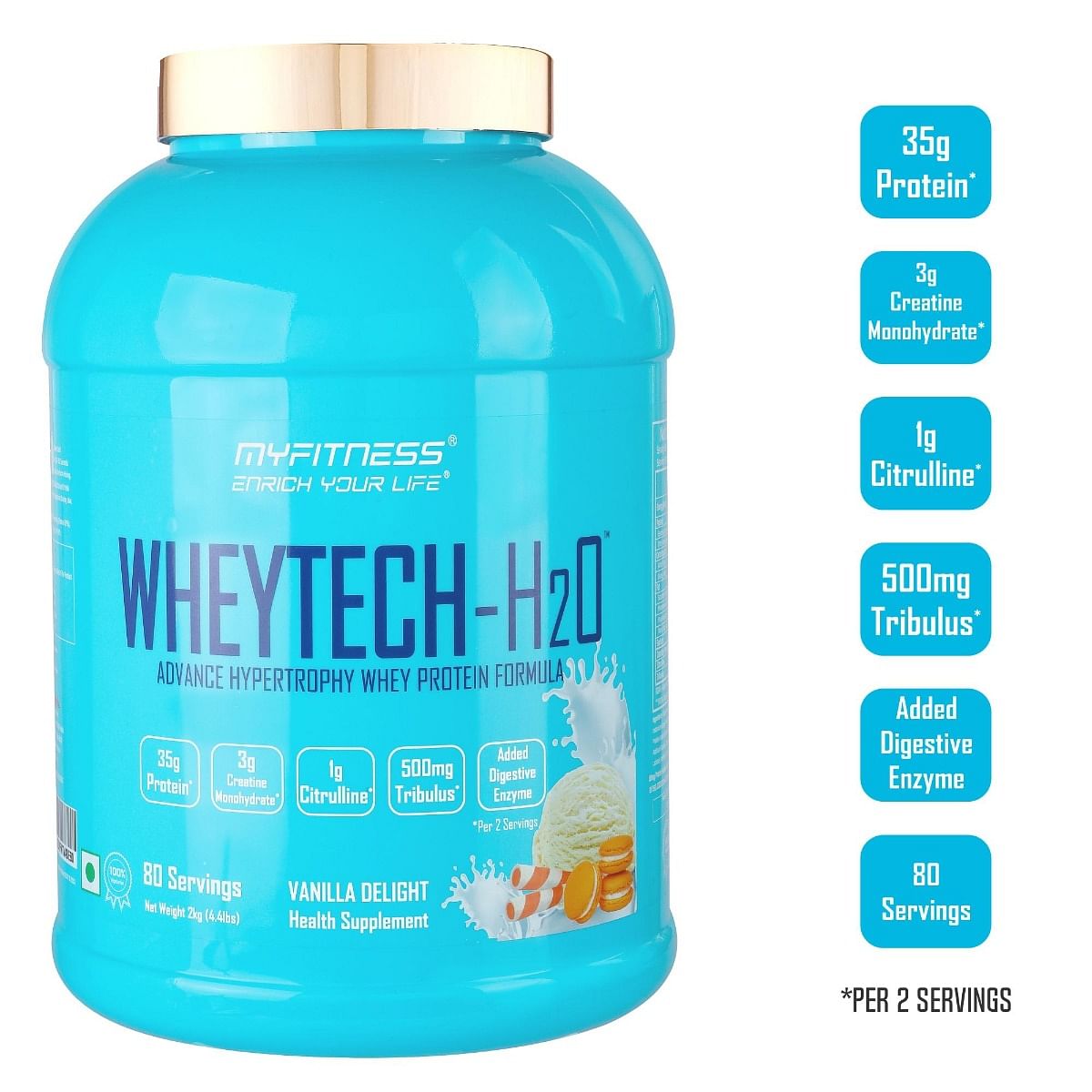 

MYFITNESS ® Wheytech H2O | Vanilla Delight | With Added Creatine, Tribulus, L-Citrulline, Digestive Enzymes | 2kg | 80 Servings