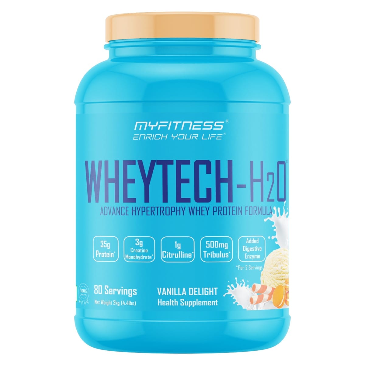 

MYFITNESS ® Wheytech H2O | Vanilla Delight | With Added Creatine, Tribulus, L-Citrulline, Digestive Enzymes | 2kg | 80 Servings