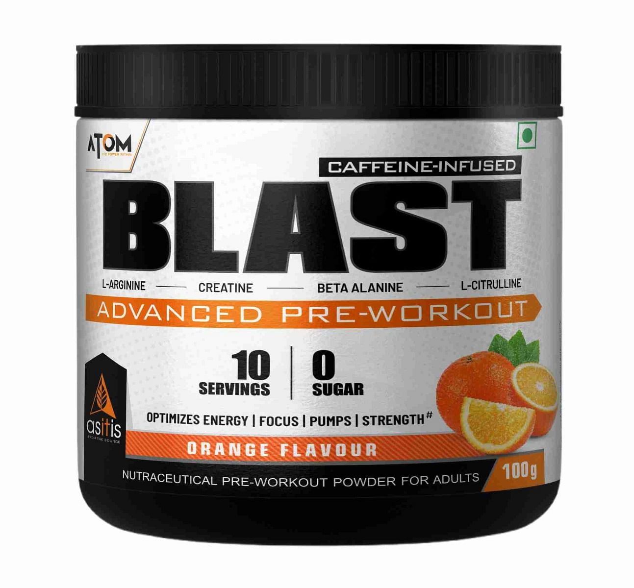 

AS-IT-IS ATOM Blast Advanced Pre-workout 100gms, Orange, Caffeine & L- Arginine Infused, Optimizes Energy, Increase Strength & Pumps