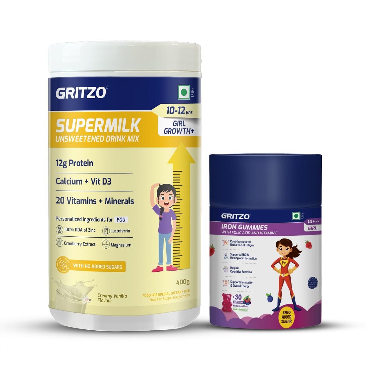 Gritzo SuperMilk Growth+ (Formerly Height+) Unsweetened Drink Mix (10-12y Girl) with Iron Gummies (Mixed Berry Flavour, 30 Gummies) | Pack of 2 (Creamy Vanilla, 400g)-picture-15