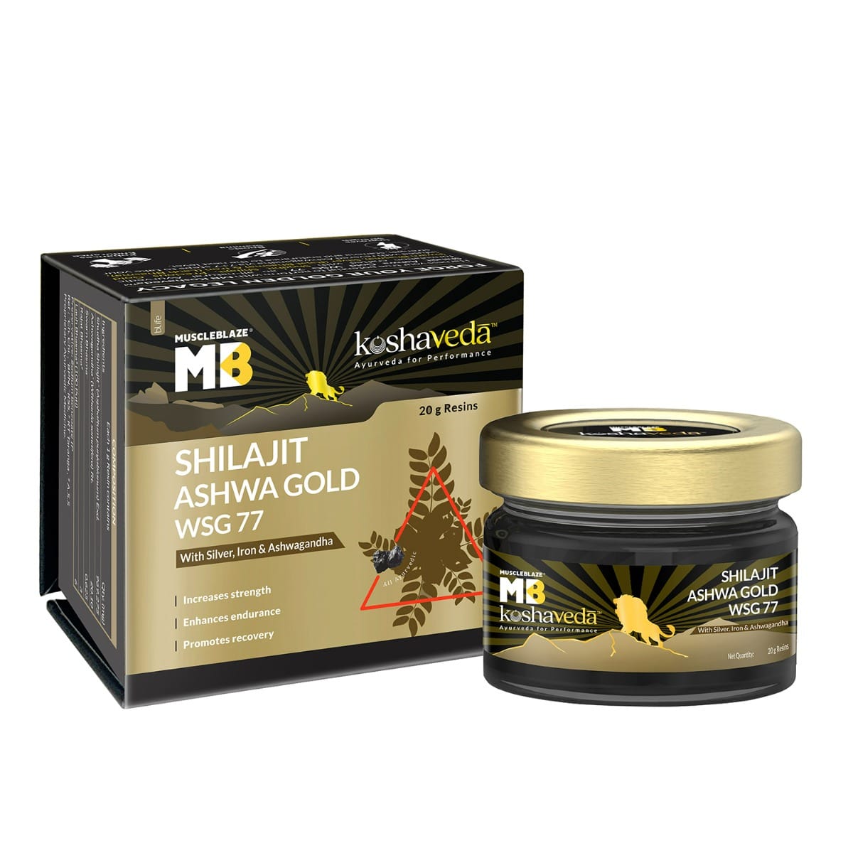 

Koshaveda Shilajit Ashwa Gold WSG 77 by MuscleBlaze | Fortified with Silver, Iron & Ashwagandha | For Strength, Endurance & Recovery (20g)