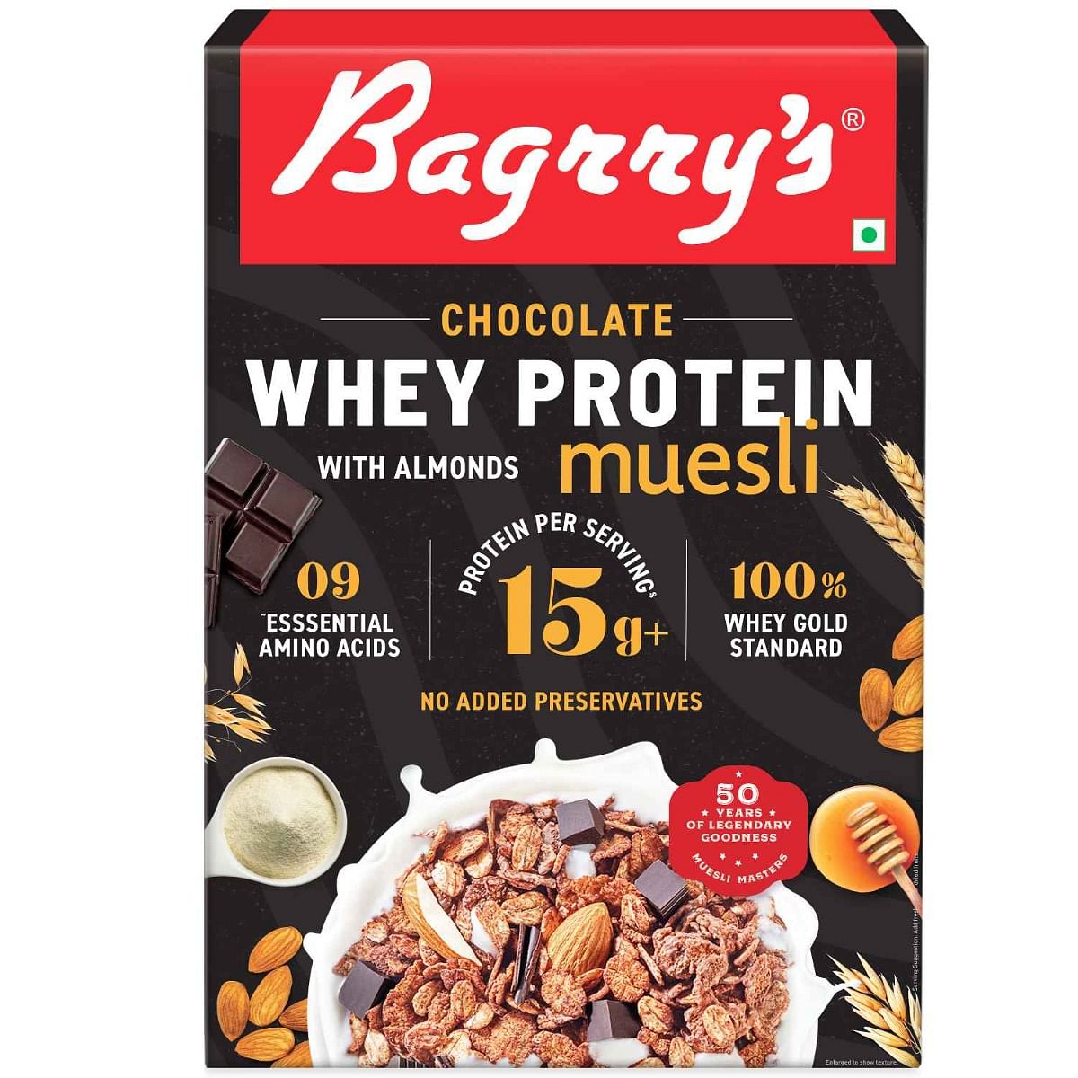 

Bagrry's Whey Protein Muesli 500gm Box |15gm Protein Per Serve |Chocolate Flavour|Whole Oats & Californian Almonds|Breakfast Cereal|Protein Rich|Pr...