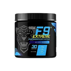 Muscle Asylum F9 Extreme Pre-Workout Energy Supplement | High Caffeine + Beta Alanine + EAA- Creatine Free - Pack of 300g, 30 Servings (Blue Razz) 