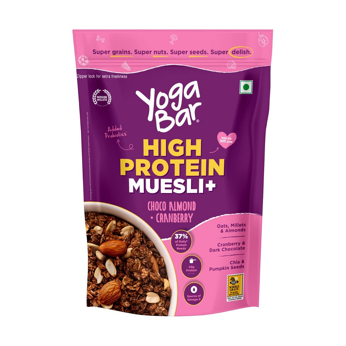 

Yogabar Whey Protein Muesli Choco Almond & Cranberry 21g High Protein with Premium Whey Protein Isolate, Almonds & Probiotics -Dark Chocolate, 850g