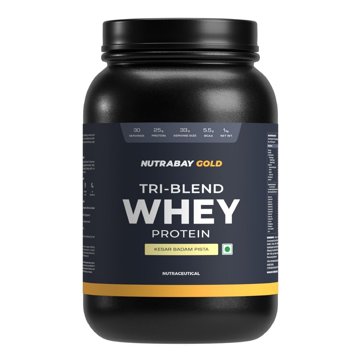 

Nutrabay Gold Tri Blend Whey Protein Powder (Hydrolyzed, Isolate & Concentrate) - 25g Protein, 5.5g BCAA - 1Kg, Kesar Badam Pista