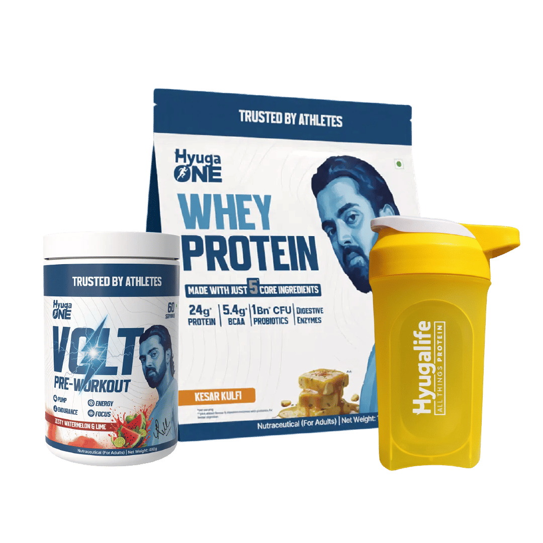

Hyuga One Whey Protein Kesar Kulfi 24g Protein, 5.4g BCAA, Probiotics, Enzymes, Curcumin, No Sugar + VOLT Pre-Workout Zesty Watermelon & Lime 400mg...