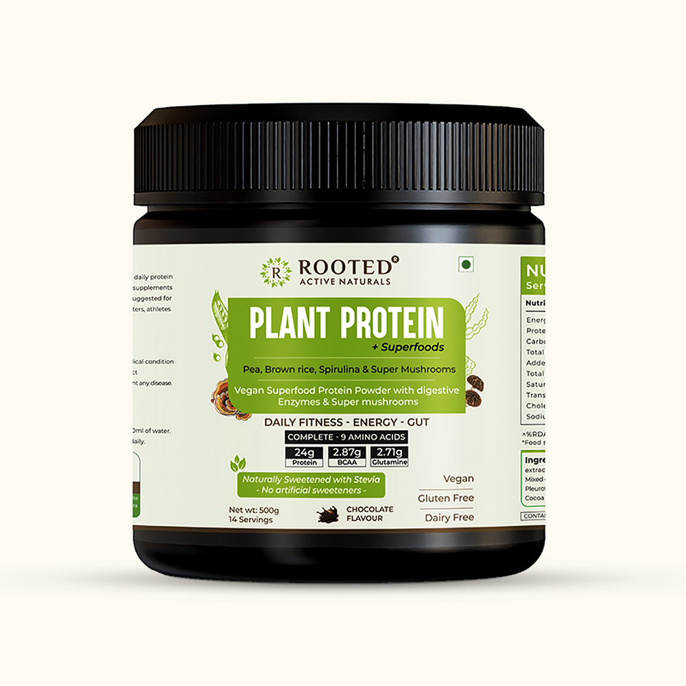 

Rooted Actives Plant Protein powder, 24gm protein from Pea, Super Mushrooms, Brown Rice, Spirulina & | Probiotics, Enzymes, Super mushrooms |500 gm...