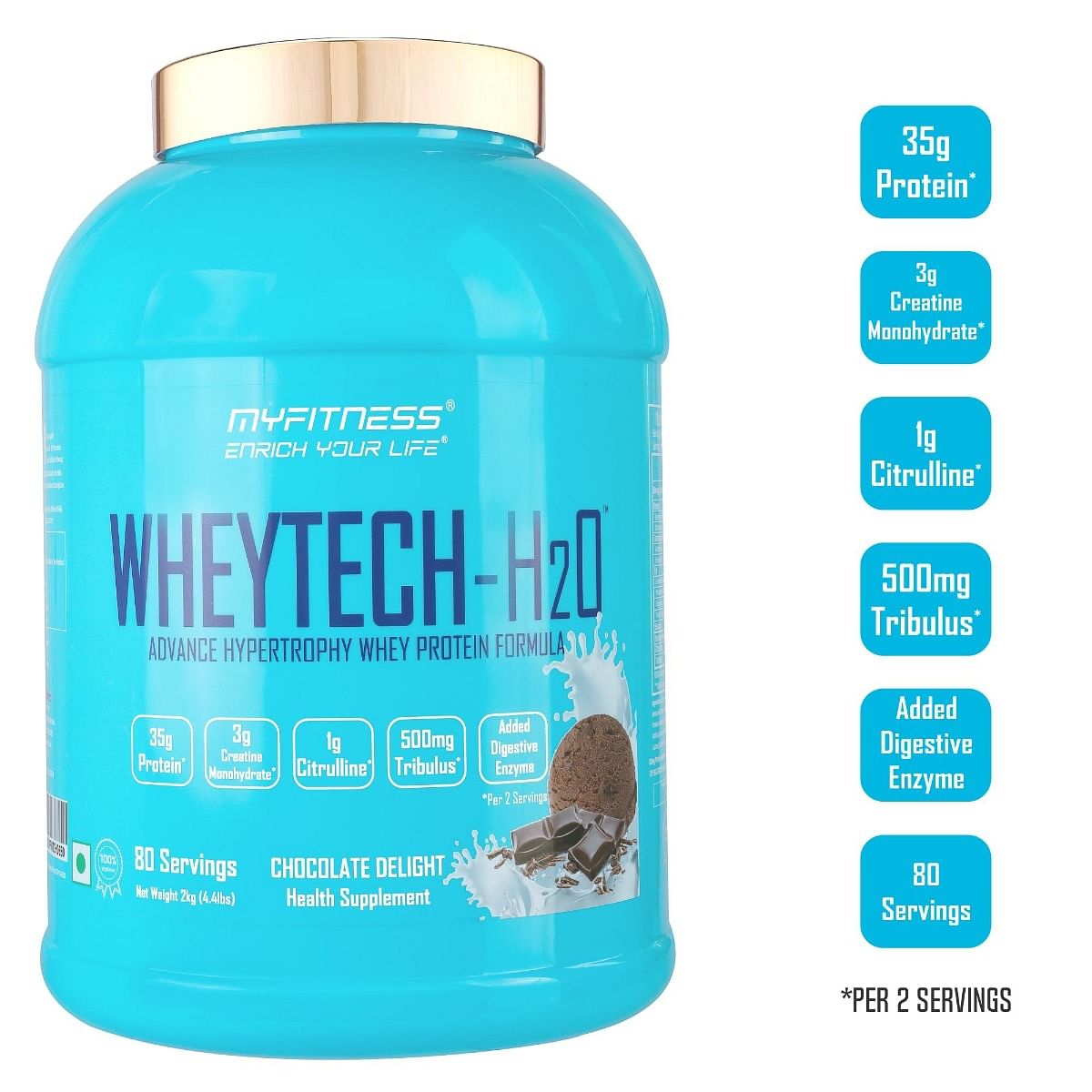 

MYFITNESS ® Wheytech H2O | Chocolate Deight | With Added Creatine, Tribulus, L-Citrulline, Digestive Enzymes | 2kg | 80 Servings