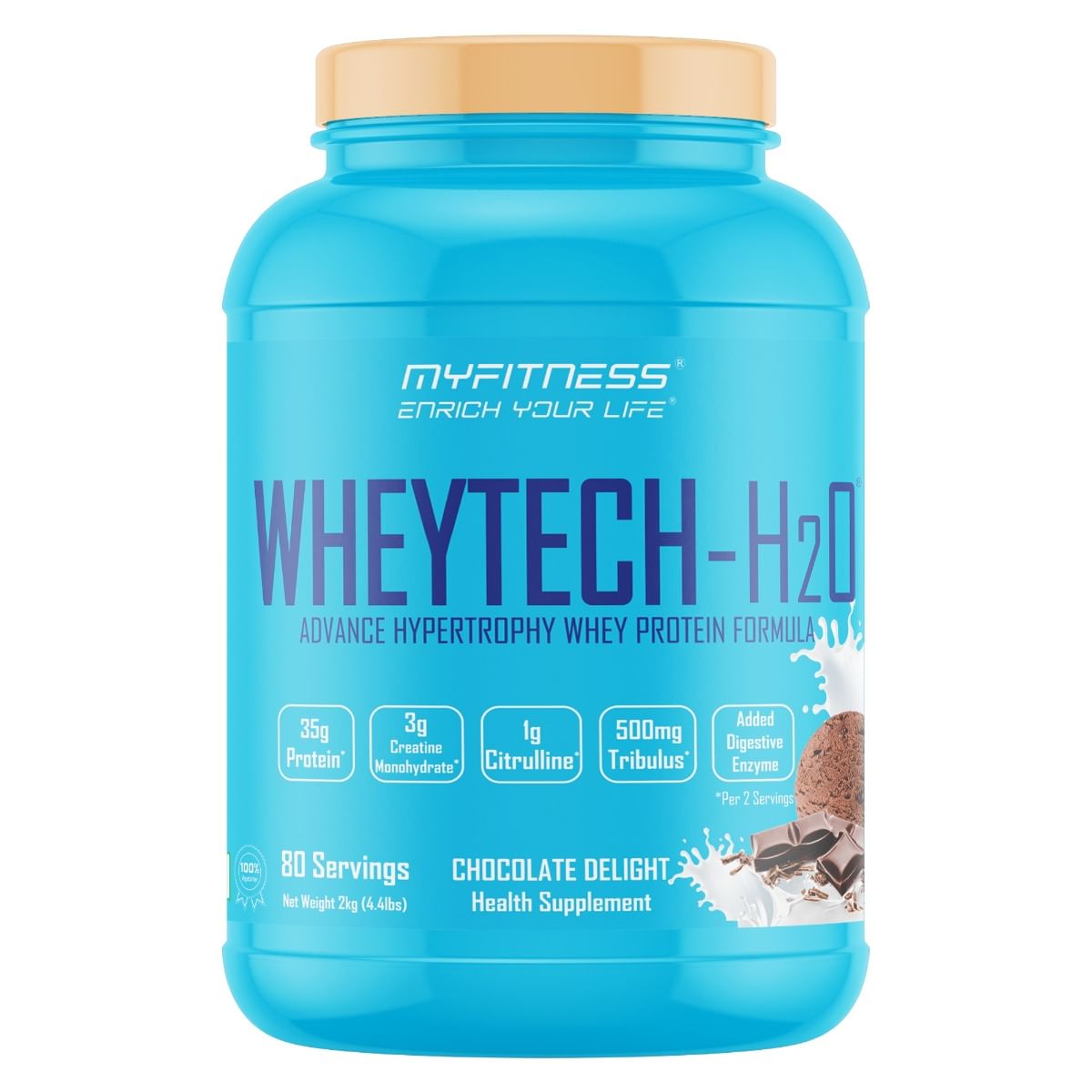 

MYFITNESS ® Wheytech H2O | Chocolate Deight | With Added Creatine, Tribulus, L-Citrulline, Digestive Enzymes | 2kg | 80 Servings