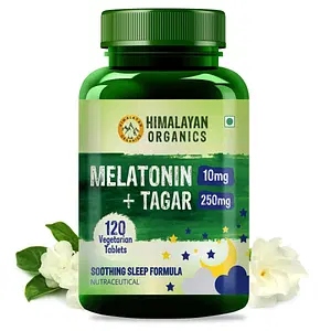 Himalayan Organics Melatonin 10Mg + Tagar 250Mg Supplement With Vitamin B6 And Calcium | Non Habit Forming, Restful Sleep, Improved Focus, Relaxed Mind | Good For Eye Health -120 Veg Tablets