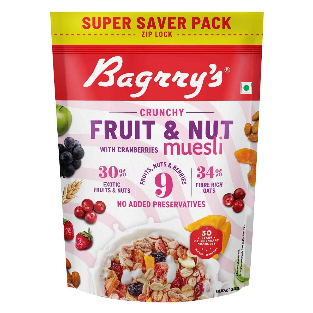 

Bagrry's Crunchy Muesli With 30% Fruit & Nut Cranberries 750gm Pouch |34% Fibre Rich Oats|No Sugar Infused Fruits|Real Fruits|Breakfast Cereal|Prot...