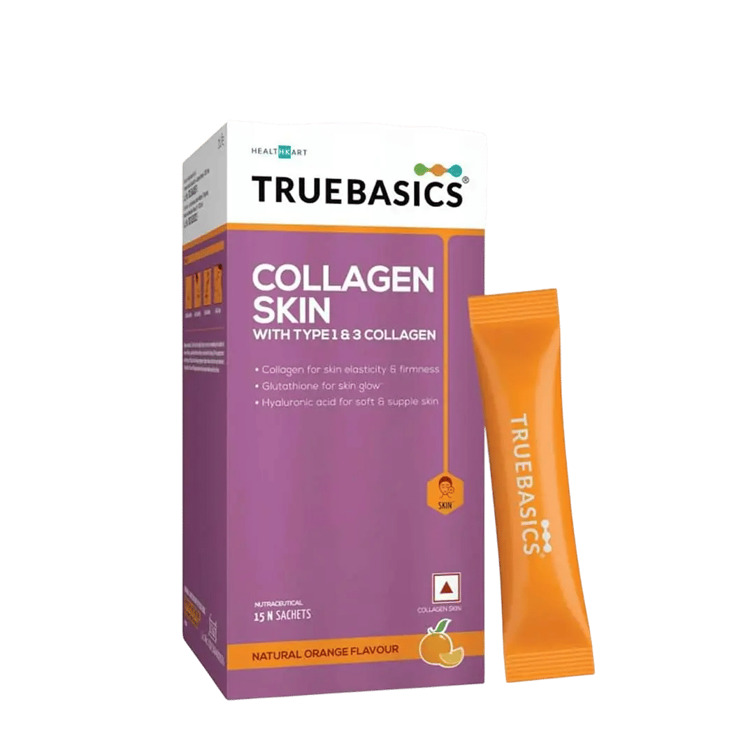 TrueBasics Collagen Skin with L-Glutathione, Biotin, Vitamin C & Vitamin E  for Healthy Hair, Skin & Nails, Clinically Researched Ingredients (Orange,  15 Sachets)