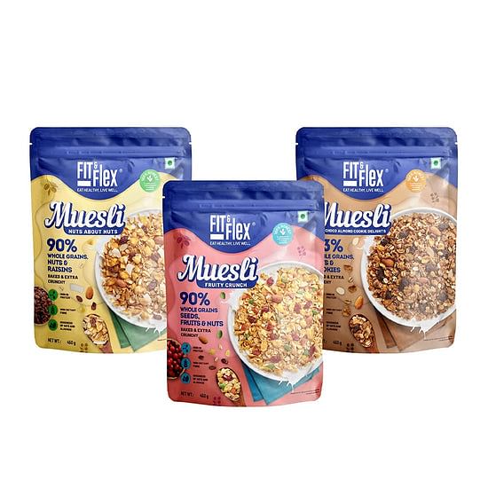 

Fit And Flex Baked Muesli Breakfast Cereal - 210g (Pack Of 3)[Fruity Crunch + Nuts About Nuts +Choco Almond Cookie Delight]