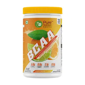 Pure Nutrition Bcaa, 2:1:1 Amino Acid Ratio| Helps In Recovery, Protein Synthesis, Endurance And Lean Muscle Mass Building| With L Citrulline, L Glutamine, Taurine, Grapeseed And Piperine Extract| Lemon- Orange, 250Gms Jar