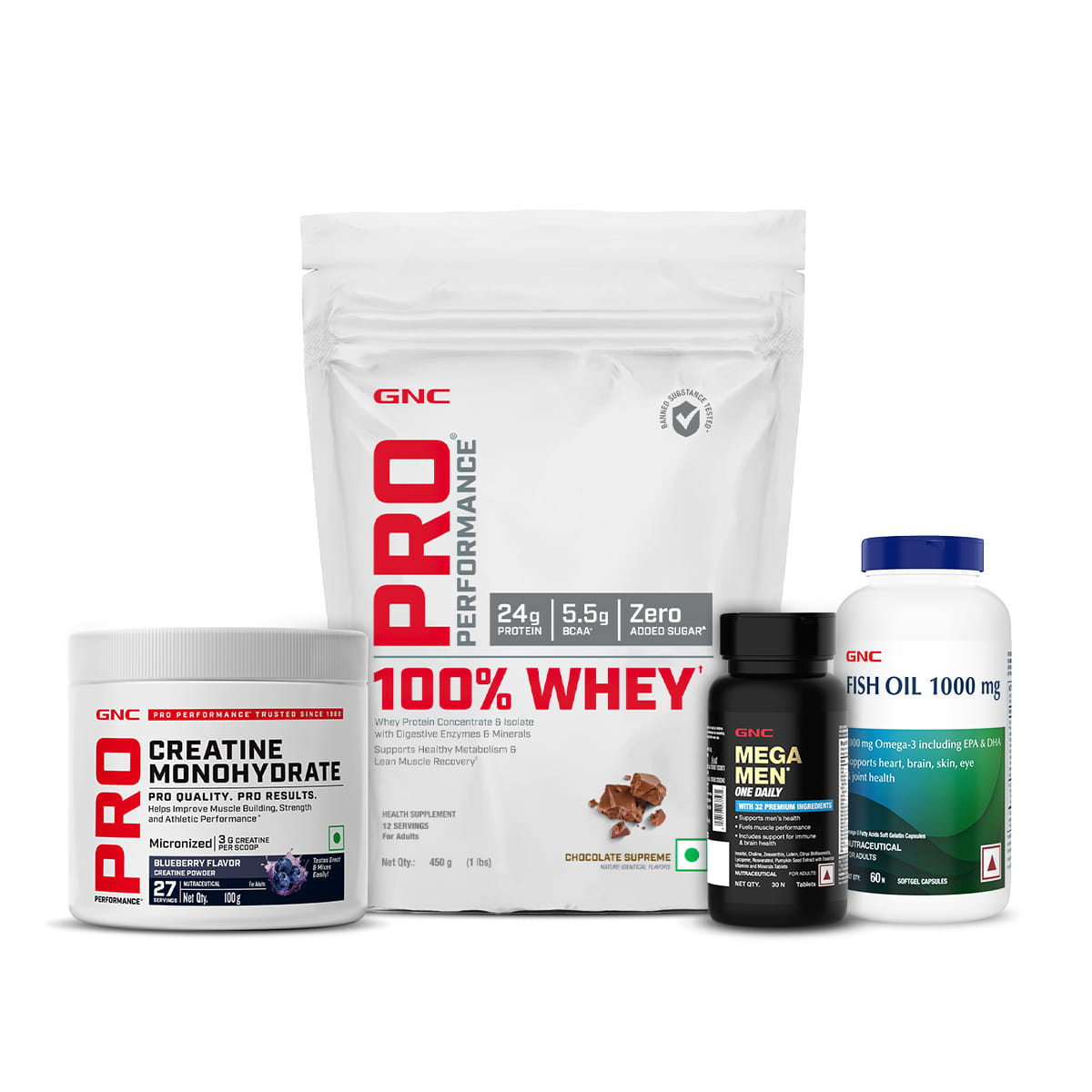 GNC Whey Protein (Chocolate, 1 lbs) | Blueberry Creatine (100g) | Multivitamin (30) | Fish Oil (60)