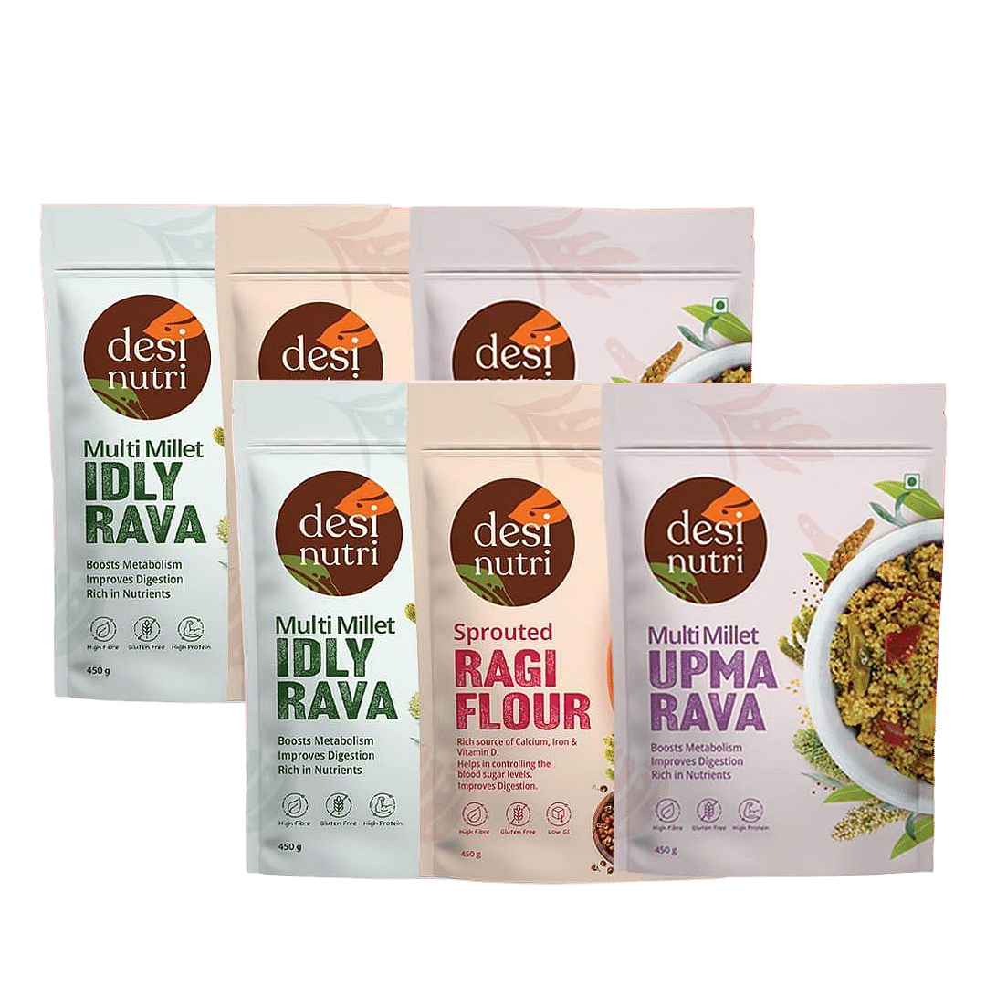 

Desi Nutri Idly Upma Rava Sprouted Ragi Kit | Multi Millet Idly, Upma Rava and Sprouted Ragi Kit Combo Pack 450gms Each | Pack of 6