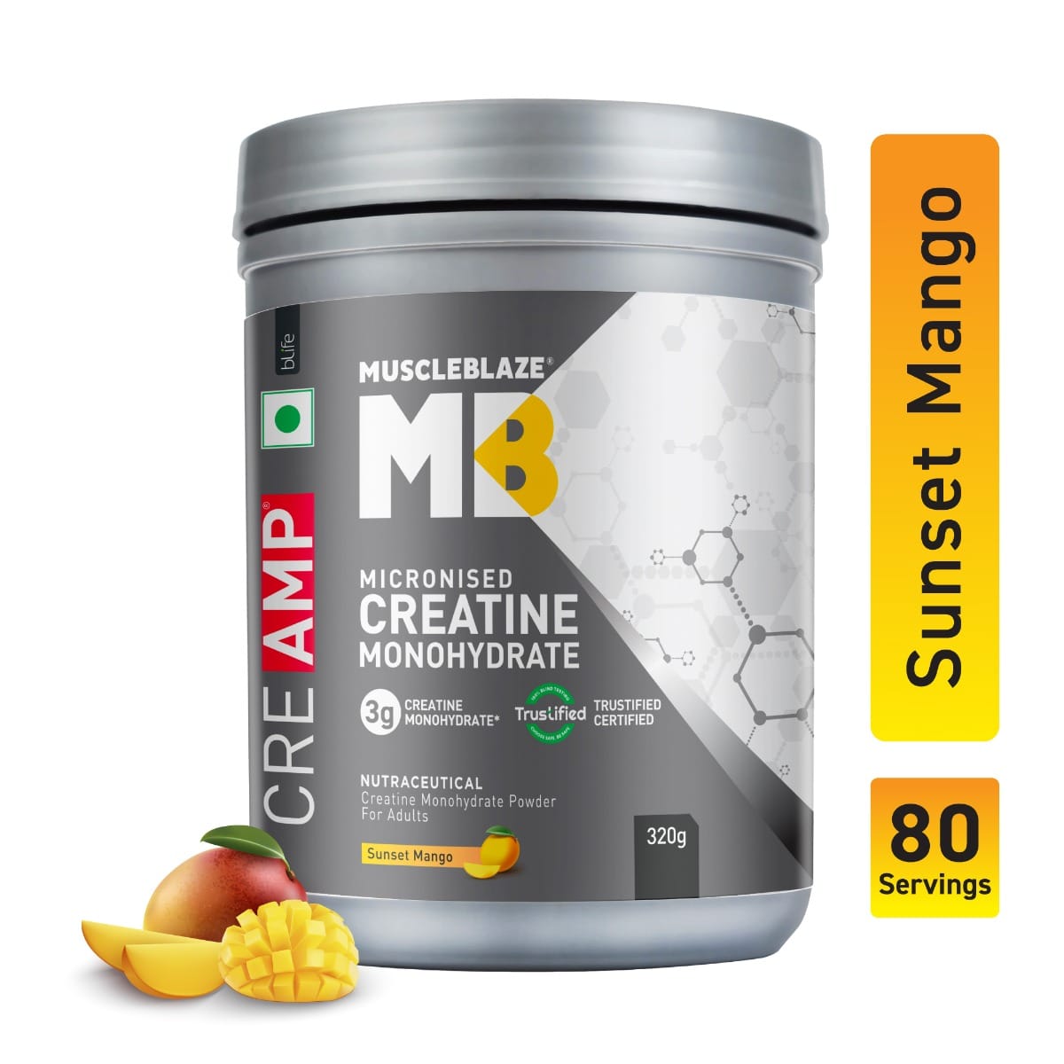 MuscleBlaze Creatine Monohydrate CreAMP™ | Trustified Certified Creatine (Sunset Mango, 80 Servings, 320g)