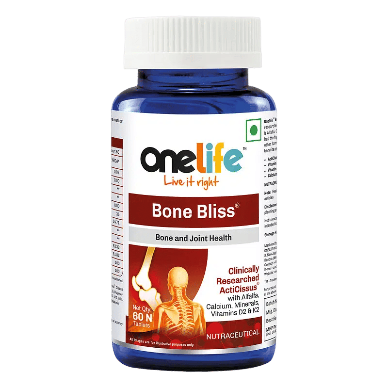 

Onelife Bone Bliss Clinically Researched ActiCissus® with Alfalfa, Calcium Citrate, Magnesium Oxide, Vitamin D2 & D3, Vitamin K2 & Zinc Sulphate Fo...