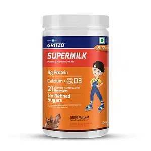 Gritzo Supermilk Daily Nutrition(8-12Y Young Athlete),9G Protein With Zero Refined Sugar Powder, Double Chocolate, 400G
