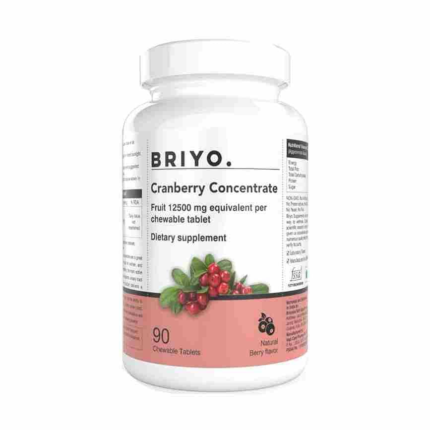 

Briyo cranberry concentrate chewable tablets (equivalent to 12500 mg cranberry fruit) natural berry flavor 90 tablets