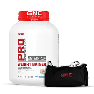 GNC Pro Performance Weight Gainer & Gym Bag Kit | Vanilla Ice Cream | 3 Kg | Promotes Healthy Body Gains | Reduces Muscle Breakdown |
