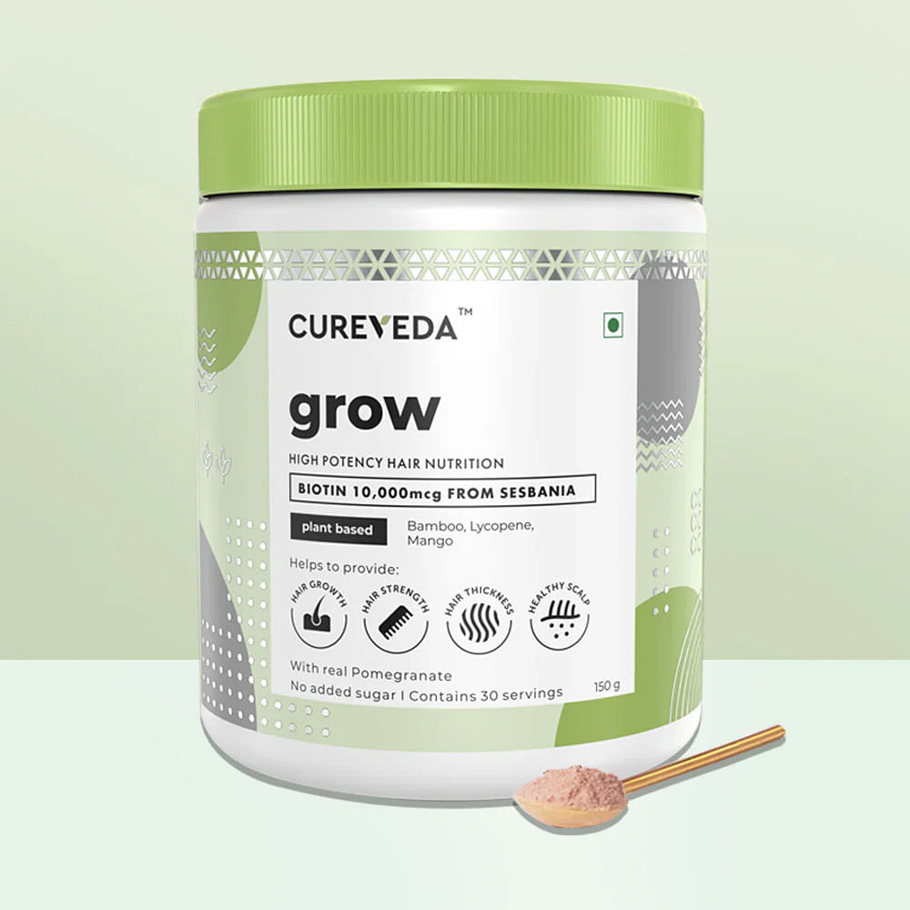 

Cureveda Grow Plant Based Biotin 10000 Mcg Powder Supplement For Unisex, Benefits Healthy Scalp And Hair Growth, No Added Sugar, Natural Pomegranat...