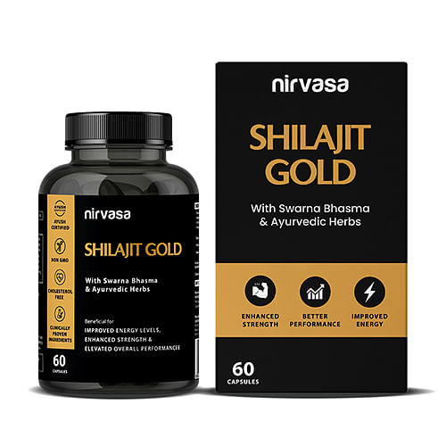 

Nirvasa Shilajit Gold 60 Capsules | Contains 24 Carat Gold, Gokshura, Akarkara, Triphala, Safed Musli & Ashwagandha - Pack of 1