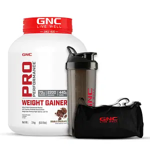 GNC Pro Performance Weight Gainer, Gym Bag & Black Plastic Shaker Combo | Double Chocolate | 3 Kg | Promotes Healthy Body Gains | Reduces Muscle Breakdown 