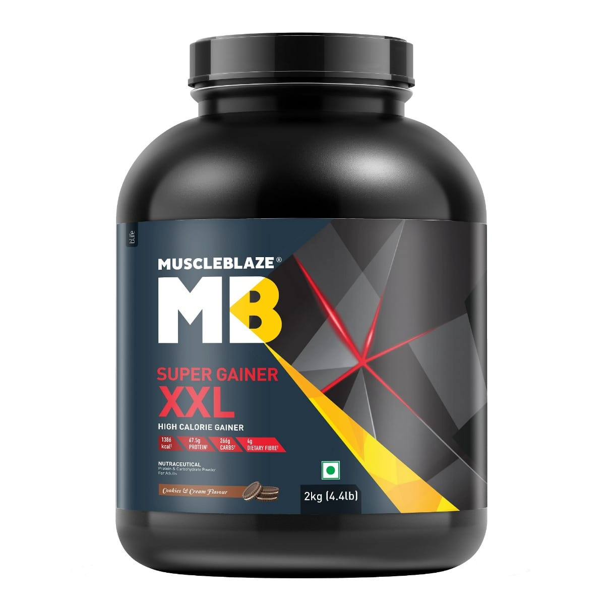 MuscleBlaze Super Gainer XXL, For Muscle Mass Gain (Cookies & Cream, 2kg / 4.4lbs, 20 Servings)