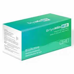BriyoMin B12 - Biactive Vitamin B12 500 mcg (as Methylcobalamin), with 300 mcg Folate (as methylfolate) with Iron - 30 capsules