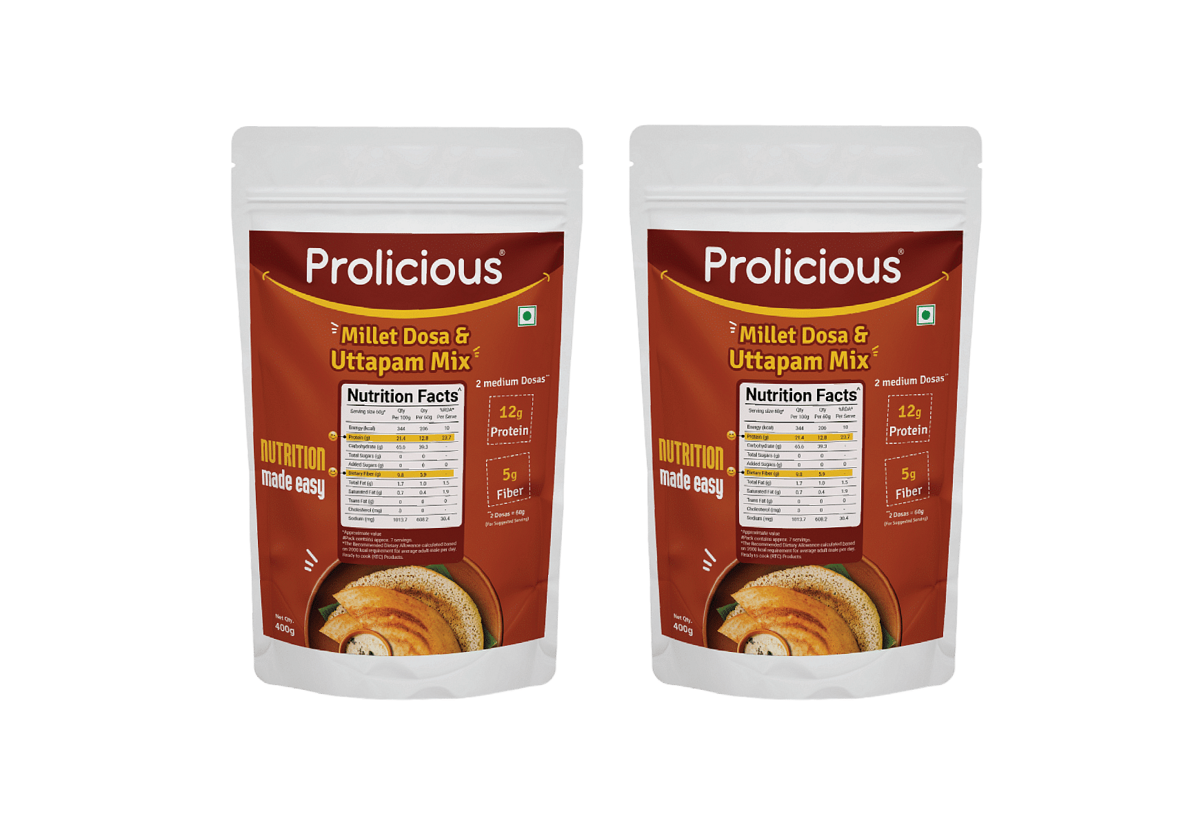 

Prolicious Millet Uttapam | 2X Plant Protein | Goodness of Millets | 400g | Pack of 2