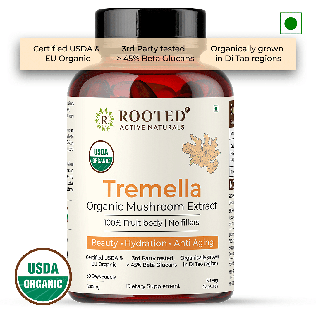 

Rooted Actives Tremella Mushroom Extract (60 Veg caps, 500 mg) |Beauty, Skin Glow, Collagen booster, Hyalyronic acid, Hydration| USDA Organic, 45%...