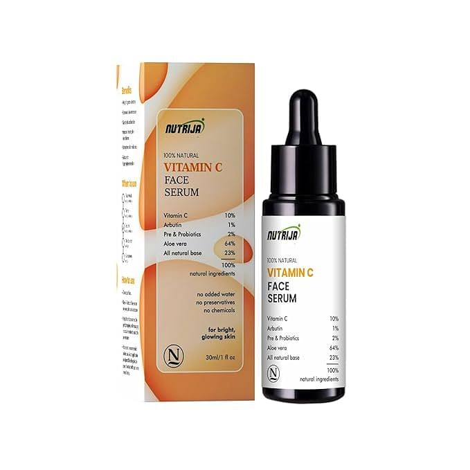 

Nutrija Vitamin C 10% Serum with Probiotics & Aloevera for Uneven and Dull Skin | Plant Based Natural Vitamin C | Fades Dark Spots | 30ml