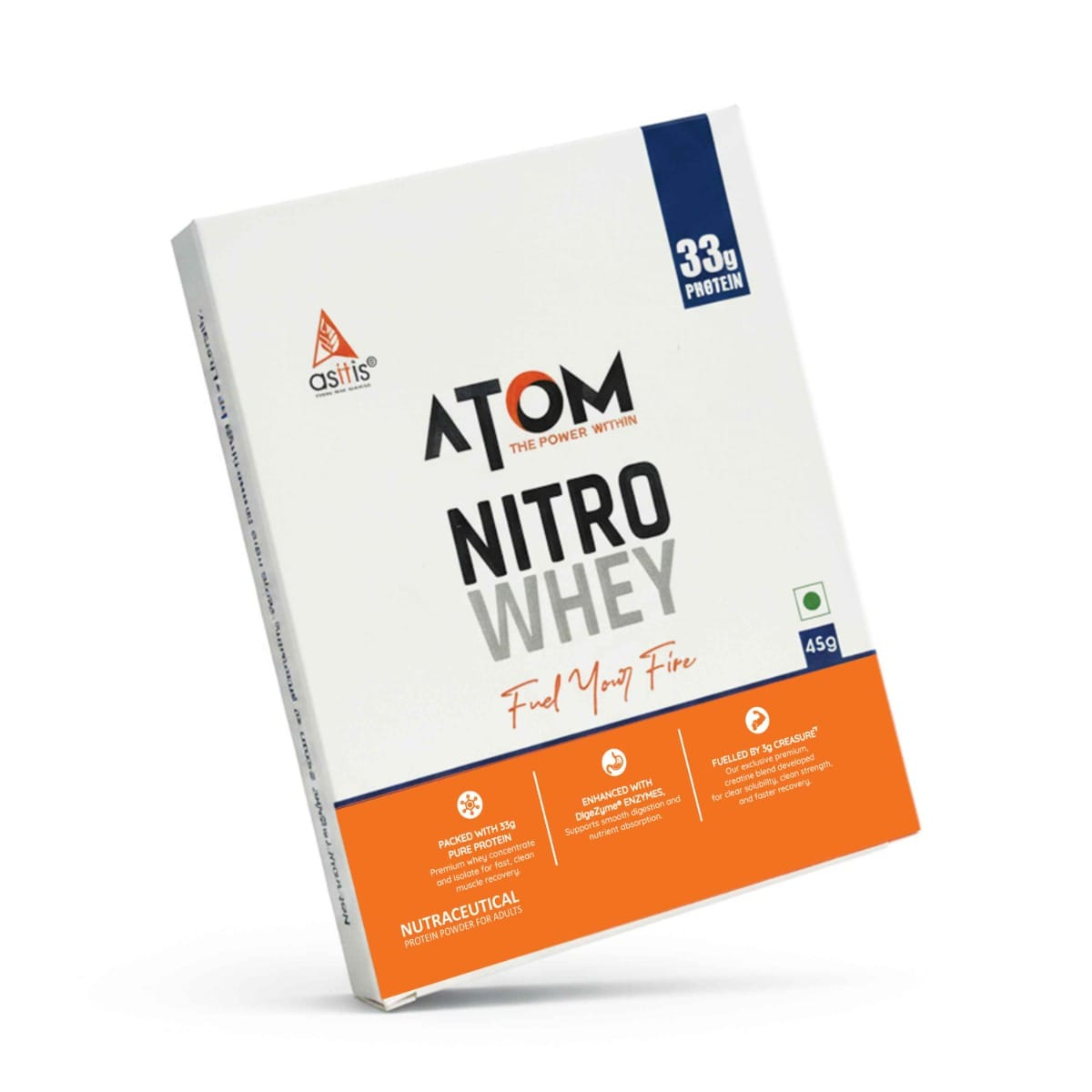 

AS-IT-IS ATOM Nitro Whey Protein - with CREASURE® & DigeZyme® I 33g Protein, Fuel for Strength & Power, Easy to Carry Anywhere (No Excuse Travel Sa...