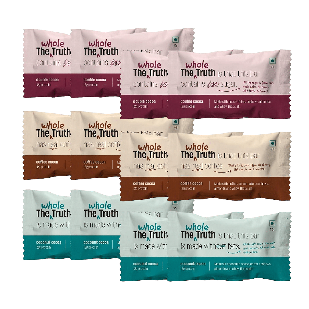 

The Whole Truth - Protein Bars | Choco Variety (2 Double Cocoa Bars, 2 Coconut Cocoa Bars, 2 Peanut Cocoa Bars) - 6 bars x 52g | No Added Sugar | N...