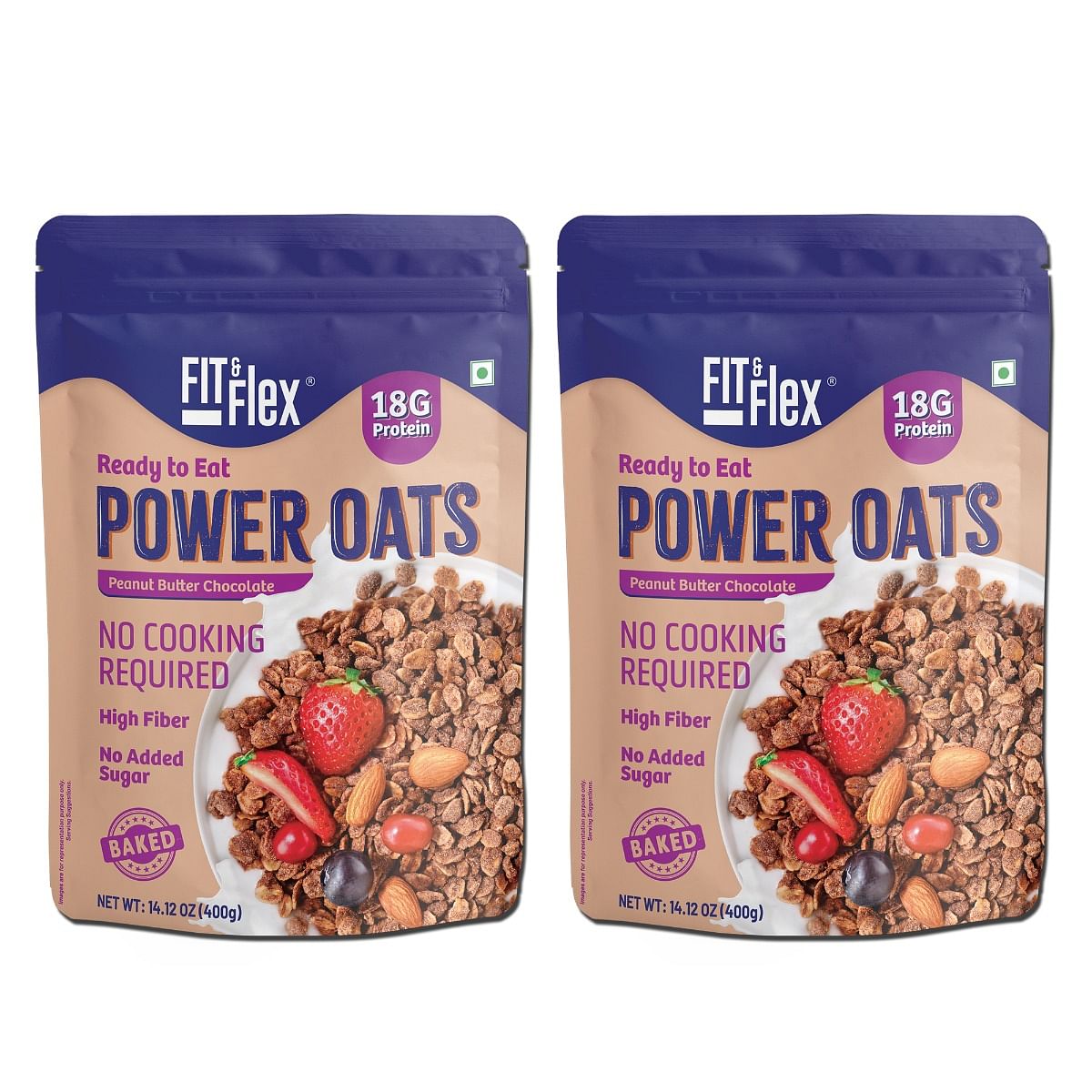 

Fit And Flex Power Oats | High Protein, Zero Sugar, Ready To Eat Baked Oats, Peanut Butter Chocolate, Pack of 2 X 400g | NO COOKING REQUIRED