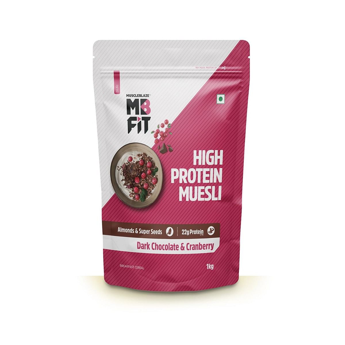 

MuscleBlaze Fit High Protein Muesli 1kg | 22g Protein | Dark Chocolate & Cranberry | Almonds & Super Seeds