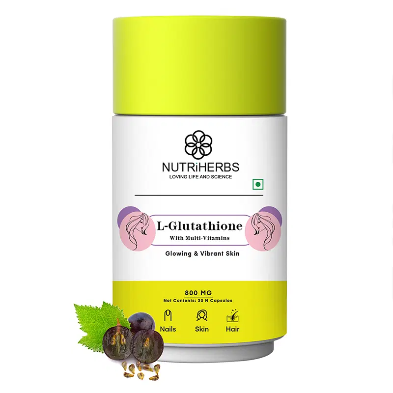 NutriHerbs L-Glutathione 800mg for Glowing & Vibrant Skin with Vitamin C & E, Biotin & Grape Seed Extract, Helps Reduce Fine Lines & Wrinkles, Strong Hair Growth, Strengthens Nails, 30 Capsules NutriHerbs L-Glutathione 800mg for Glowing & Vibrant Skin with Vitamin C & E, Biotin & Grape Seed Extract, Helps Reduce Fine Lines & Wrinkles, Strong Hair Growth, Strengthens Nails, 30 Capsules