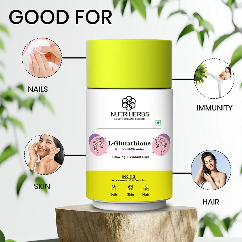 NutriHerbs L-Glutathione 800mg for Glowing & Vibrant Skin with Vitamin C & E, Biotin & Grape Seed Extract, Helps Reduce Fine Lines & Wrinkles, Strong Hair Growth, Strengthens Nails, 30 Capsules NutriHerbs L-Glutathione 800mg for Glowing & Vibrant Skin with Vitamin C & E, Biotin & Grape Seed Extract, Helps Reduce Fine Lines & Wrinkles, Strong Hair Growth, Strengthens Nails, 30 Capsules