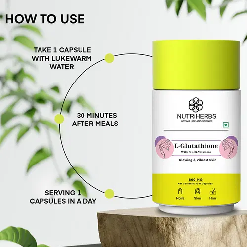 NutriHerbs L-Glutathione 800mg for Glowing & Vibrant Skin with Vitamin C & E, Biotin & Grape Seed Extract, Helps Reduce Fine Lines & Wrinkles, Strong Hair Growth, Strengthens Nails, 30 Capsules NutriHerbs L-Glutathione 800mg for Glowing & Vibrant Skin with Vitamin C & E, Biotin & Grape Seed Extract, Helps Reduce Fine Lines & Wrinkles, Strong Hair Growth, Strengthens Nails, 30 Capsules