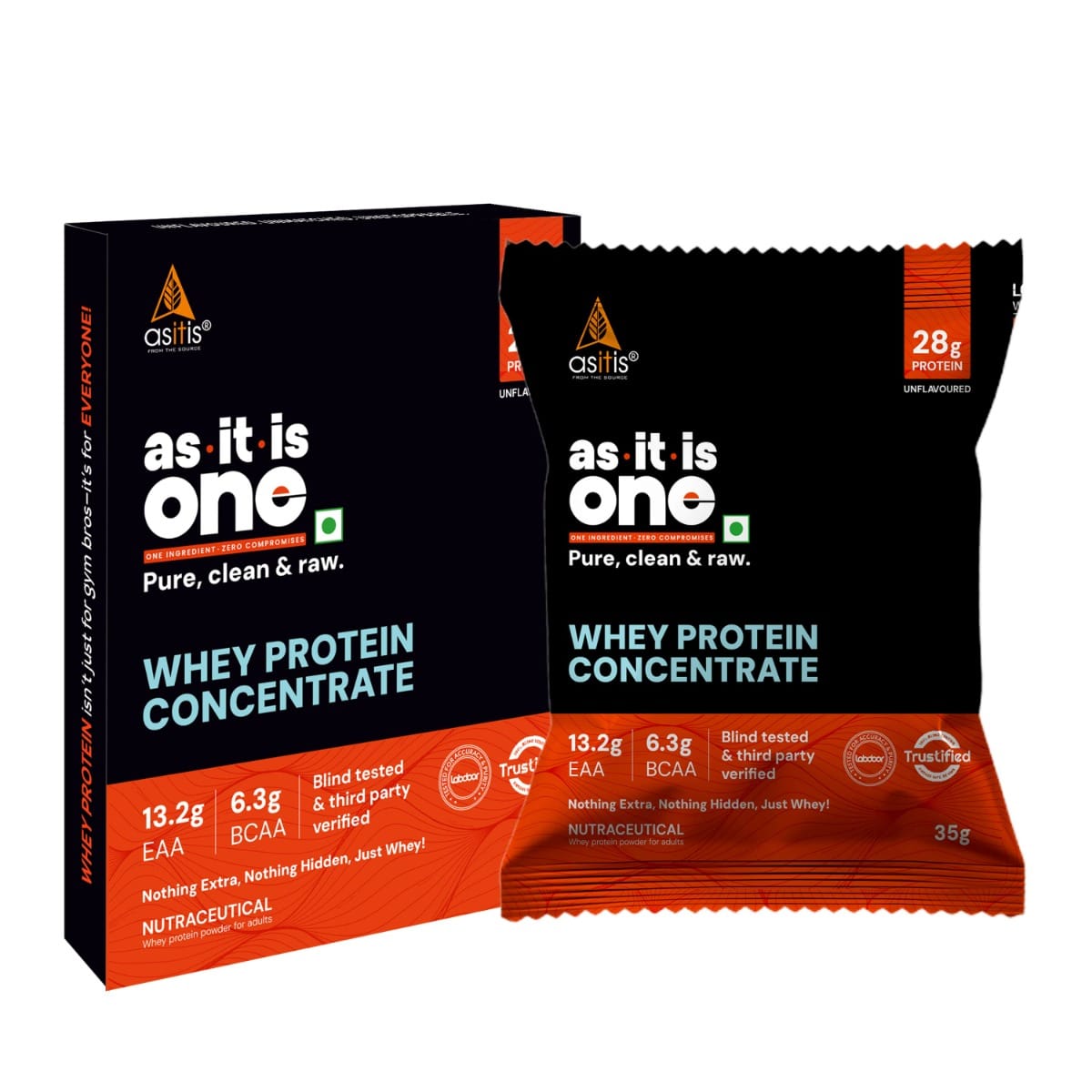 

AS-IT-IS ONE Whey Protein Concentrate I Pure, Clean & Raw I 28g Protein, Unflavoured I No Amino Spike I Easy Carry Travel Sachet