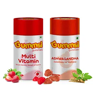 Gummsi Multivitamin & Ashwagandha Gummies | with KSM 66 Ashwagandha, Fibre, Zinc, Iron | Stronger Muscles, Bones & Immunity, & Increases Energy | 30 Gummies Each (Pack of 2)