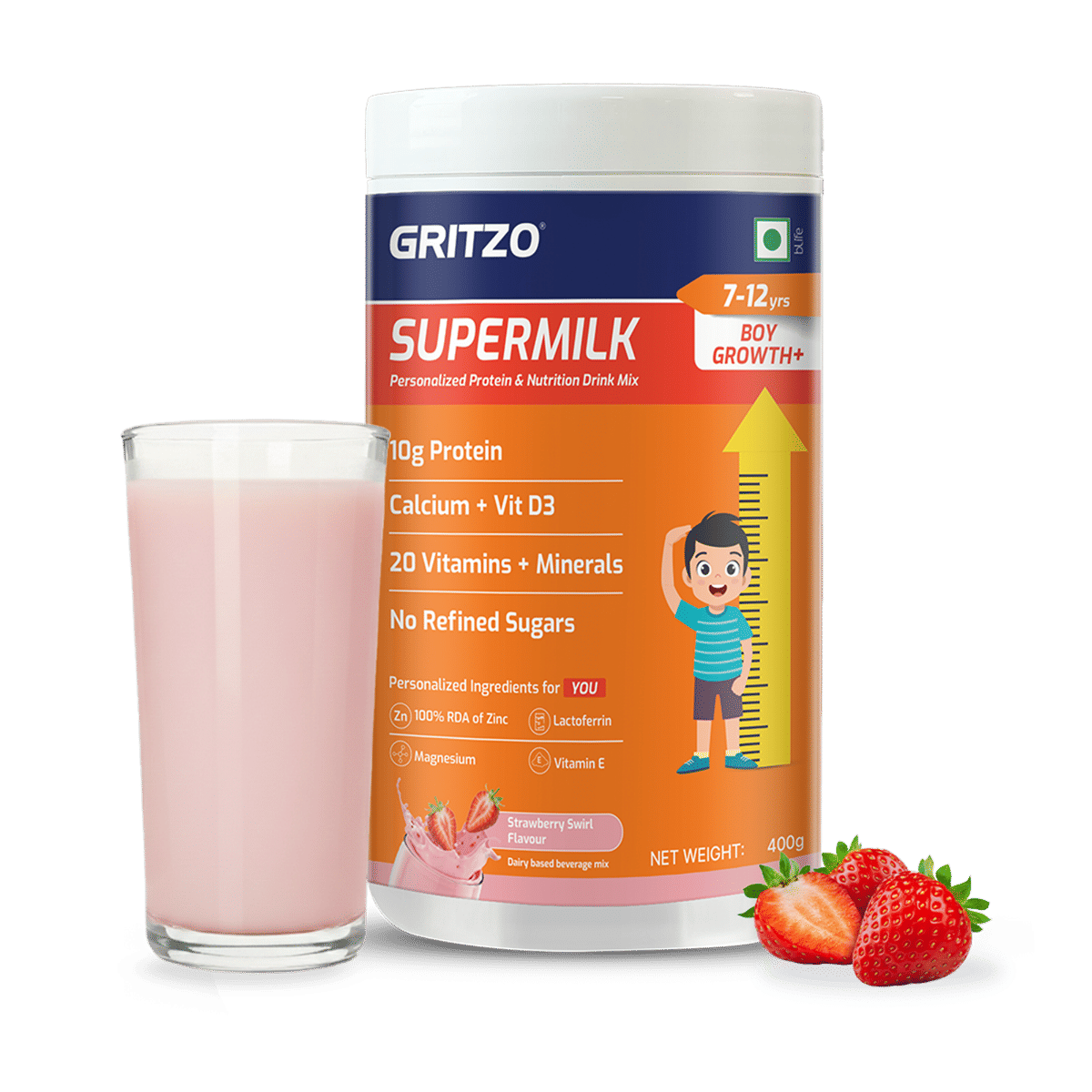 Gritzo SuperMilk Growth+ (Formerly Height+) (7-12y Boys), 10g Protein Powder (Strawberry Swirl, 400g) | Zero Refined Sugar, 20 Vitamins & Minerals-picture-23